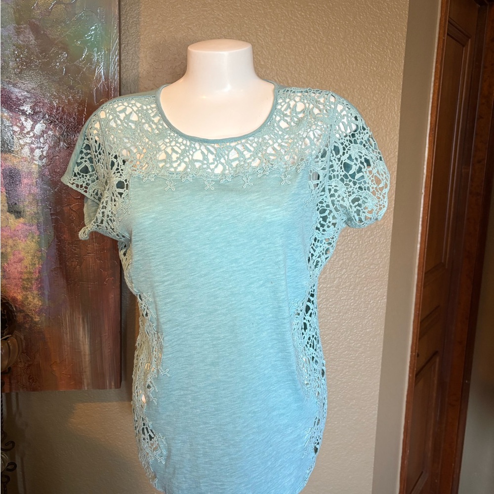 Sundance Aqua Blue Lace Cap Sleeve Blouse (M)